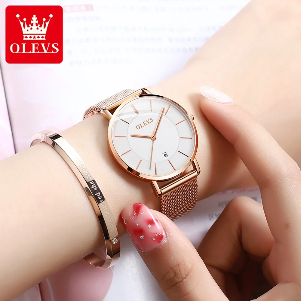 OLEVS Aço Inoxidável Round-Dial Quartz Watch, Moda Presente, Pulseira Calendário, 5869