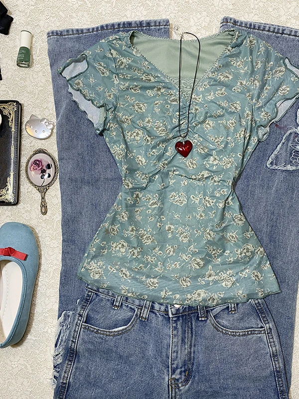 

Ele Floral Lace irt Женские летние винтажные Sle ort Sve V-Ne Смесь хлопка Faionable White irt Little Winter...