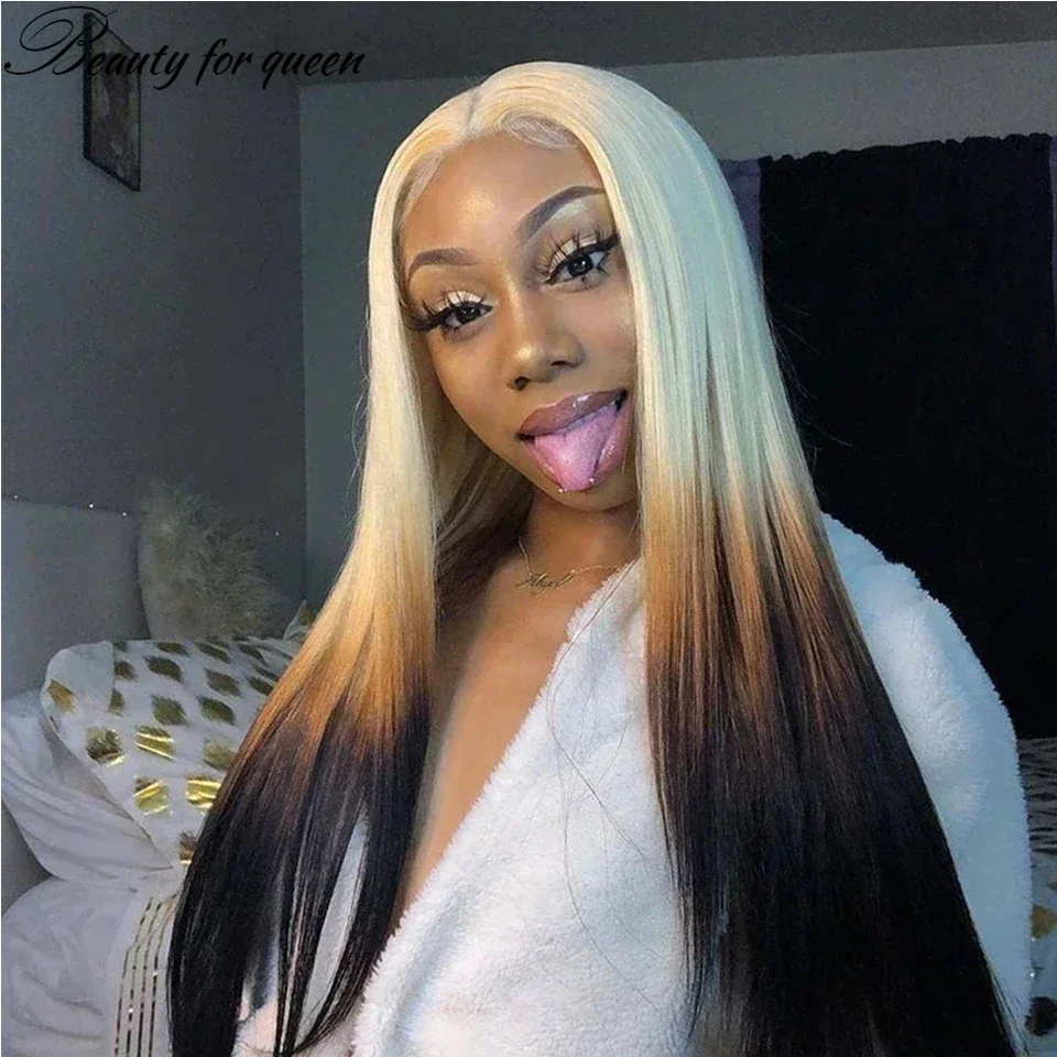 ﻿ 613 Ombre Blonde Highlight Brown Colored Lace 13x4 Lace Frontal WigHuman Hair Wig 100% Beautiful Girls Wearing Wigs Are Great