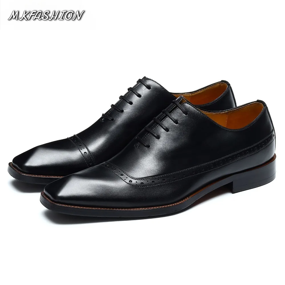 Men's British Block Carved Business Dress Oxford Shoes Genuine Leather Square Toe Lace Up Flats Wedding Shoes Footwear