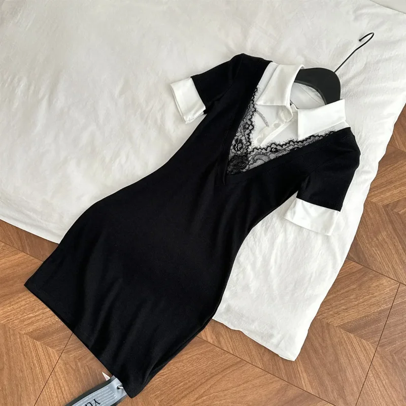 

Women's Contrast Collar Lace Dress Slim Fit Short Sleeve Office Party Bodycon Dress