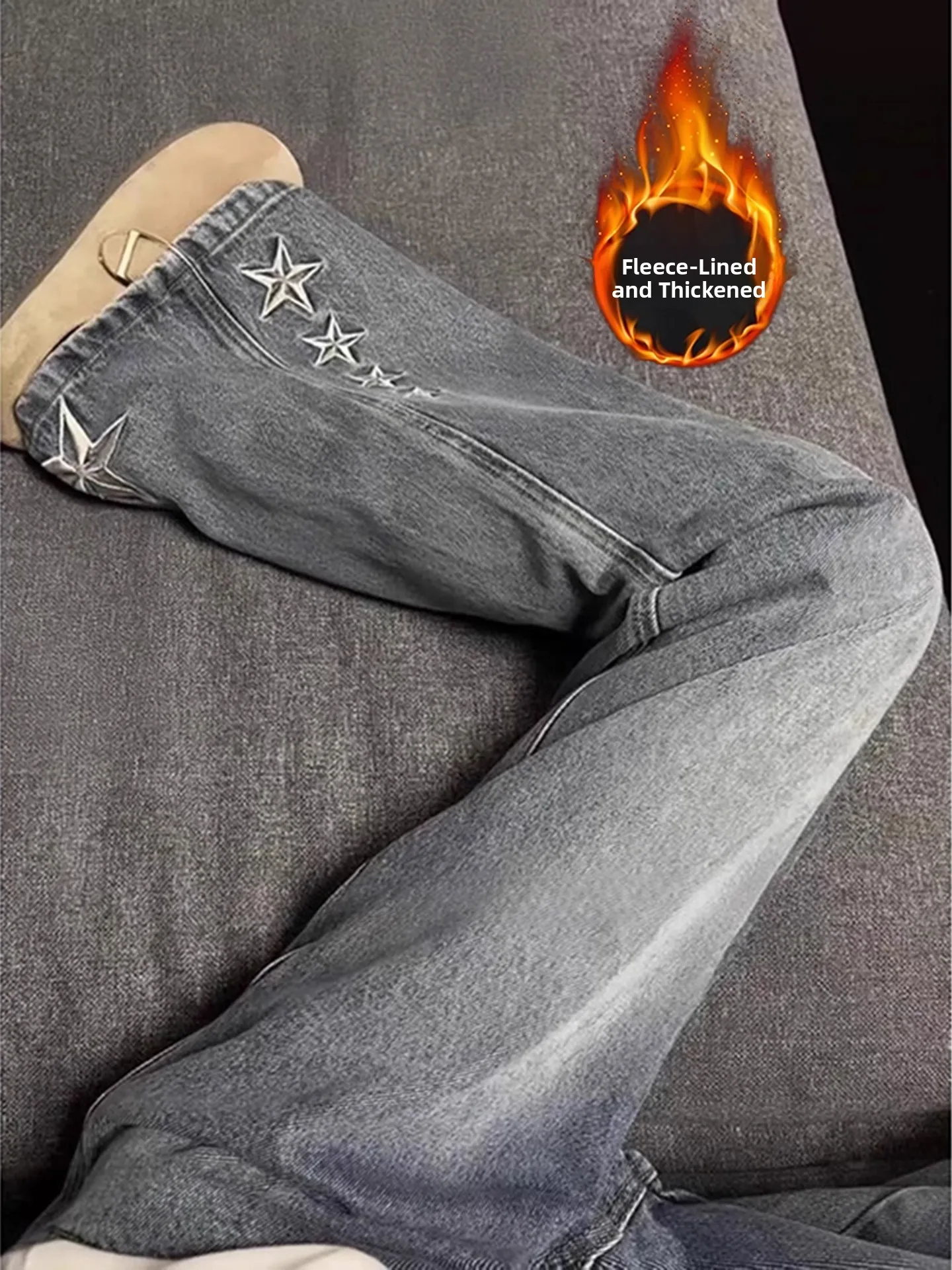 

Мужские джинсы с высокой талией, прямым кроем, на подкладке, с вышивкой, в американском стиле, для осени и зимы, теплые рабочие брюки