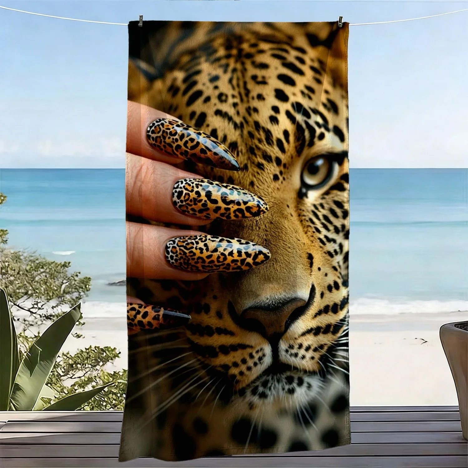 Glam Leopard Beach Towel Bold Leopard Face with Matching Nail Art Pattern Bath Towel Perfect for Fashion Lovers Beach Vacations
