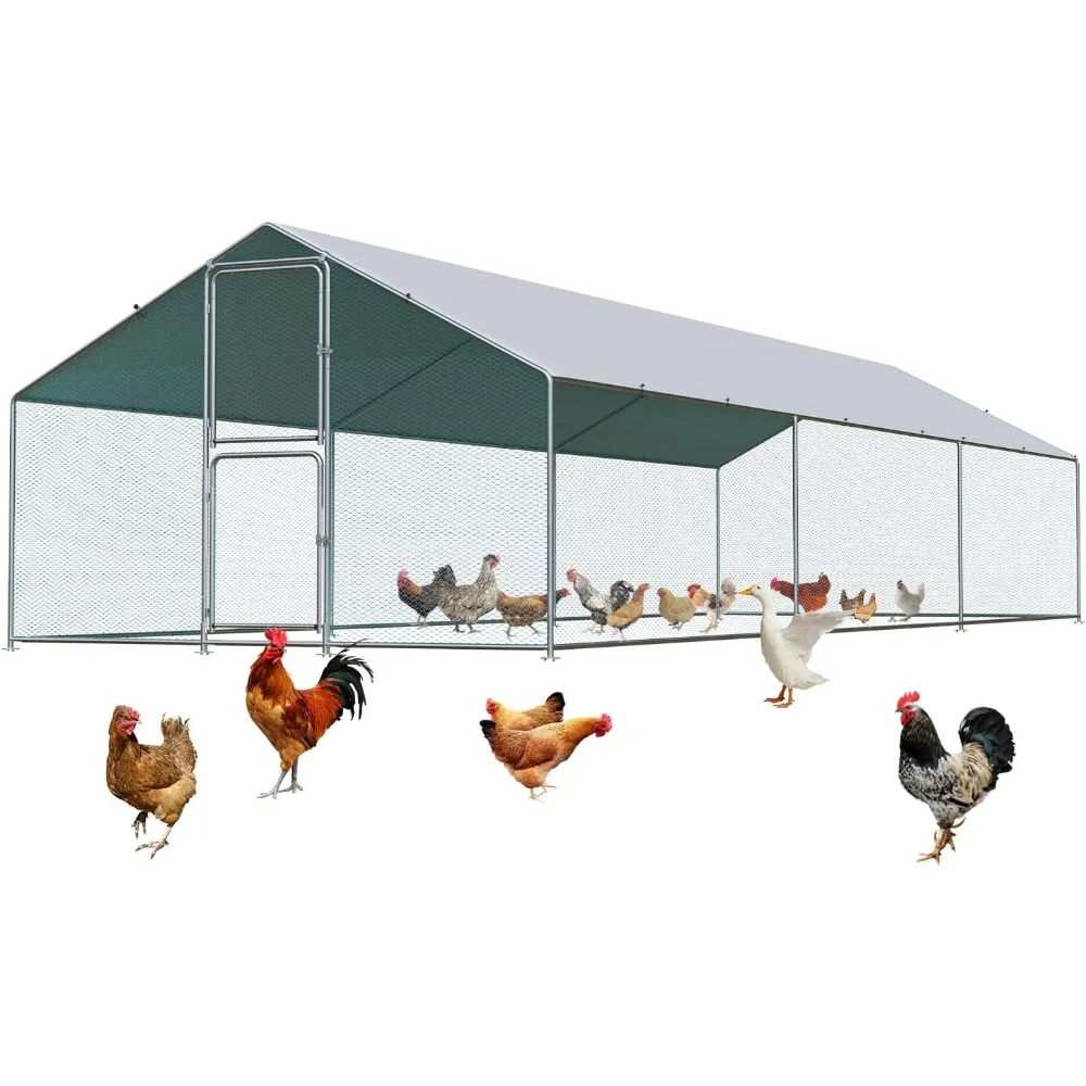 

Large Metal Chicken Coop with Run, Walkin Poultry Cage for 30 Chickens with Full Coverage Roof, Waterproof & Anti-UV Cover