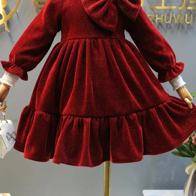 2-12 Years Kids Red Corduroy Princess Dress with Bow Children Long Sleeve Christmas Dresses for Girls Thick Velvet Winter Dress