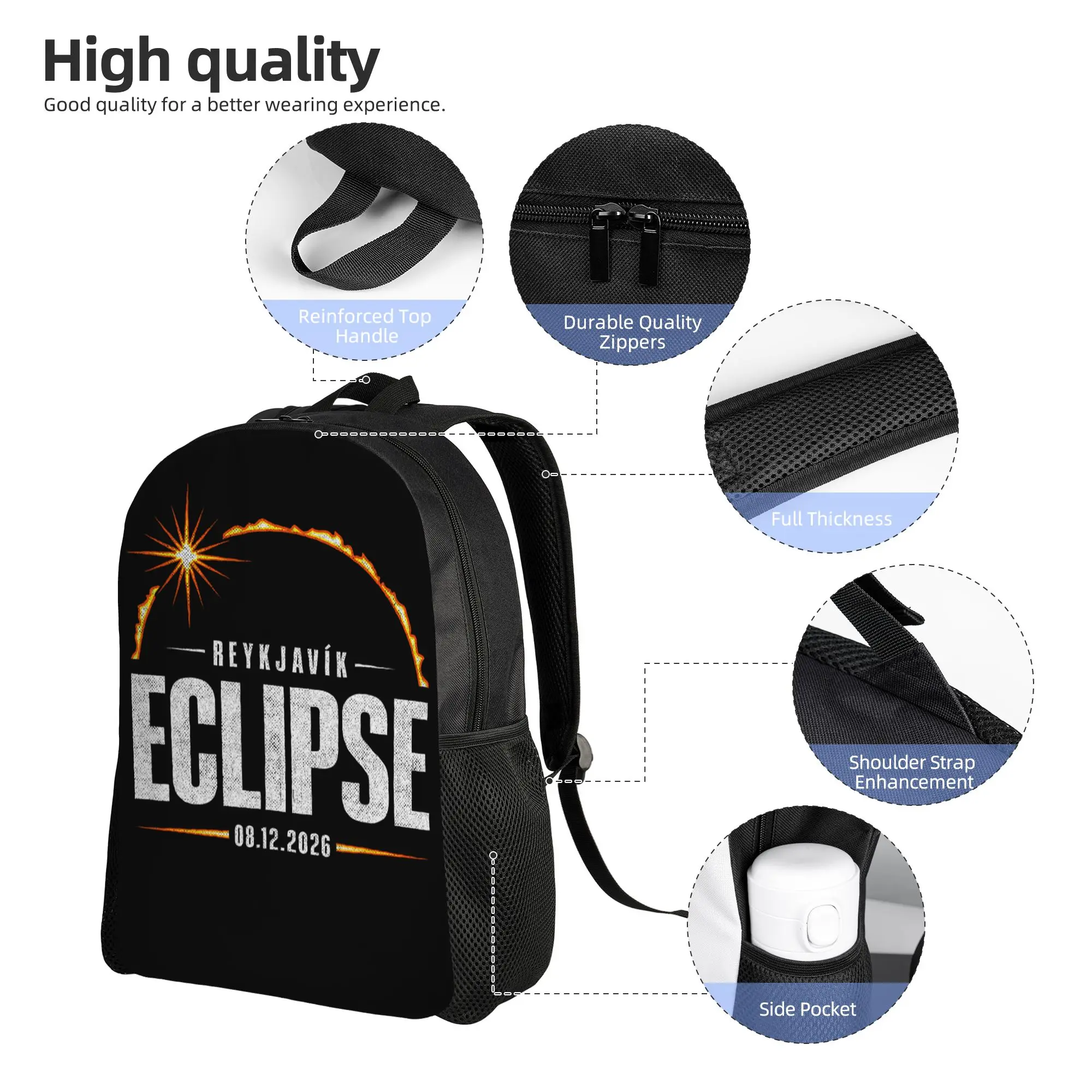 2026 Reykjavik Iceland Total Solar Eclipse Souvenir Backpack for Men Women Teenage Student Daypack  College Shoulder Bag Sports