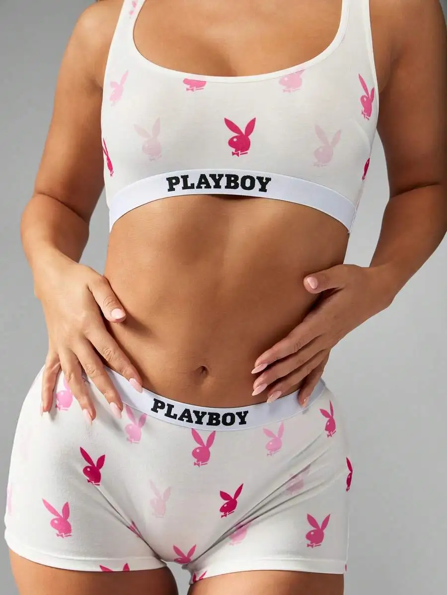 

Women's Soft Lounge Set Bralette & Boy Shorts with Bunny Print