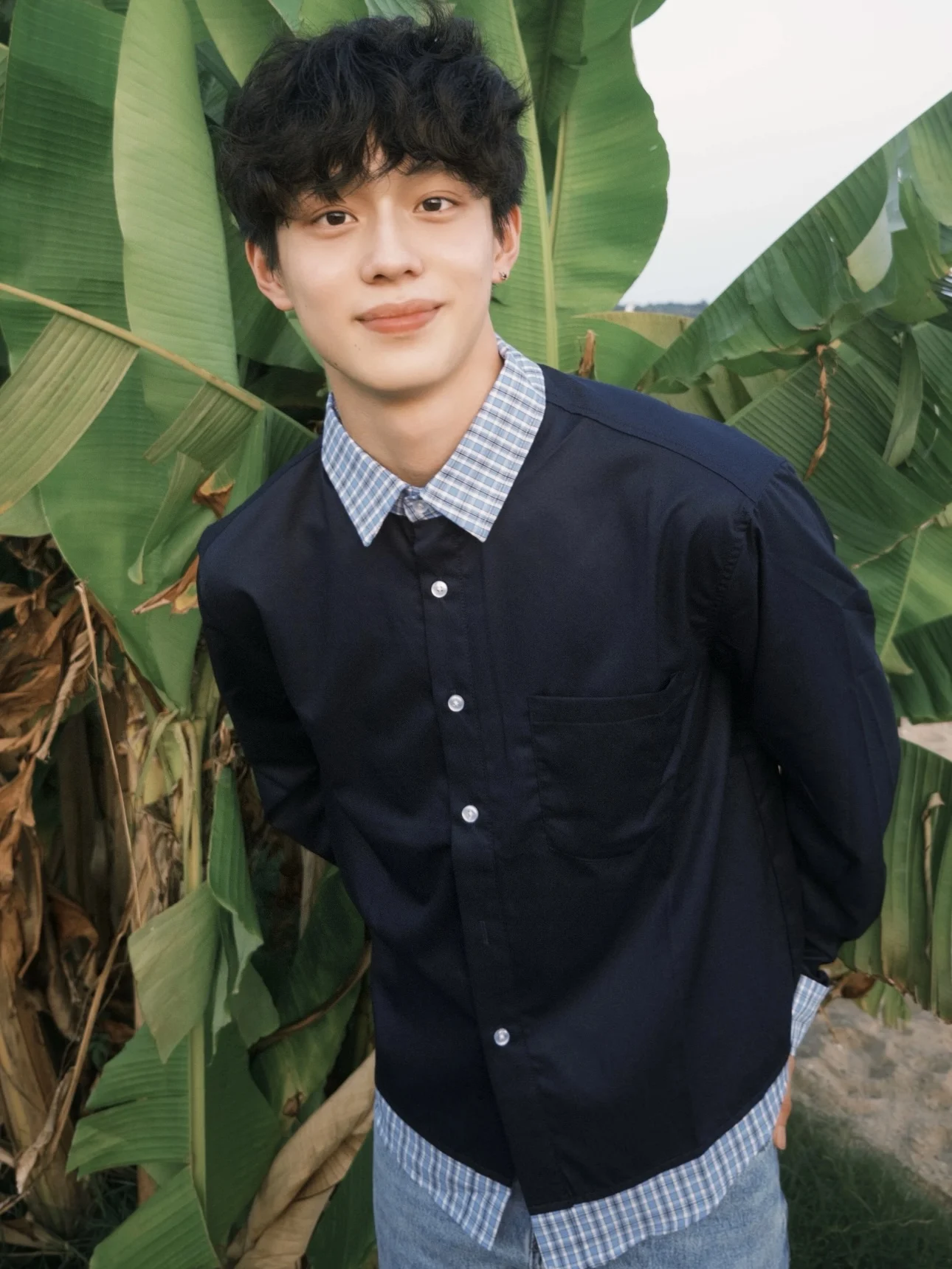 

Loose Fit Plaid Long Sve irt Men's Casual Sle Blue Cheered Patchwork Collar Polyester Fiber Youth Faion Trend