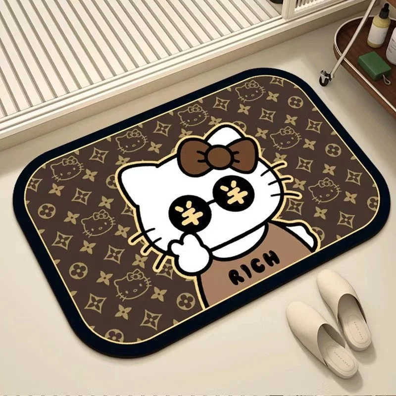 Cute Rich Hello Kitty Diatomaceous Earth Bath Mat, Quick Dry Absorbent Rug, Non-slip Bathroom Floor Decor