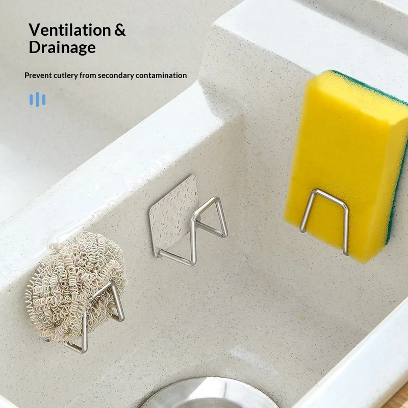 Self Adhesive Stainless Steel Sponge Rack Wall Mounted Sink Organizer Multi-purpose Dishcloth Brush Storage Hook Rust Resistant