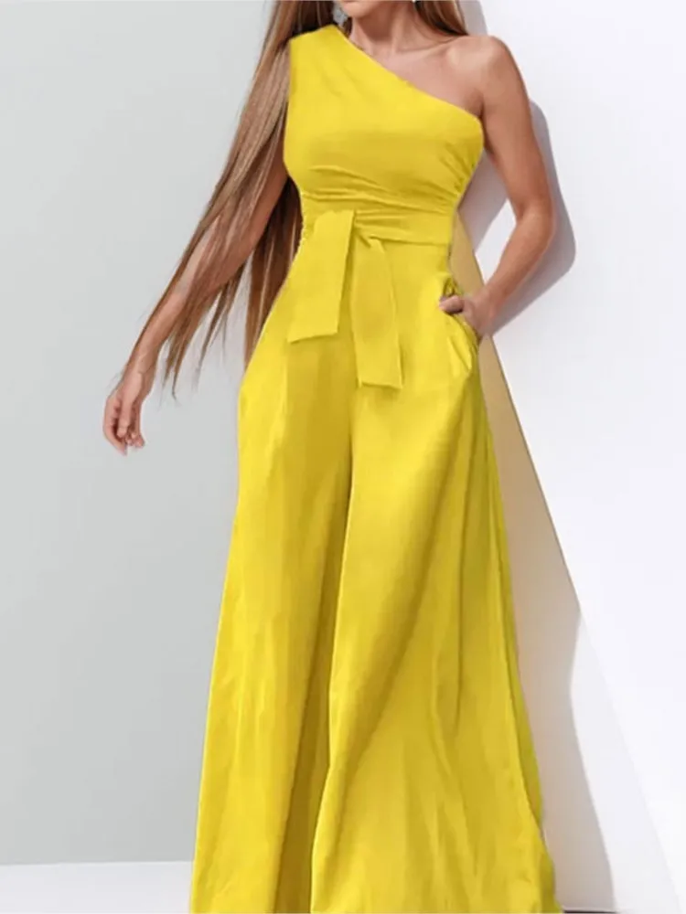 Jumpsuit Women's Slant Collar Single Side Tie Strapless High Waist Pocket Wide Leg Casual Jumpsuits Office Commuting Rompers