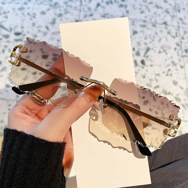 

cutting rimless wave frame square sunglasses for women new fashion brand alloy gradient sun glasses men driving outdoor shades