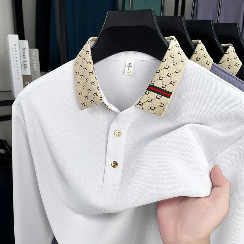 

Осень 202, мужская новая высококачественная рубашка с жаккардовым воротником и длинными рукавами, дышащая деловая повседневная модная брендовая мужская футболка