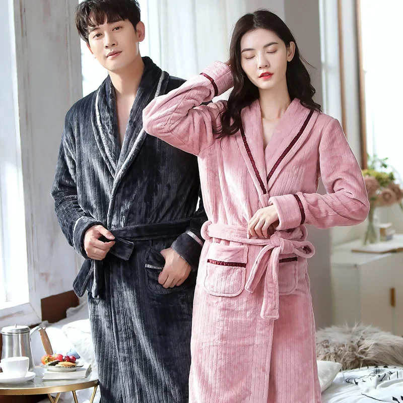 Coral Fleece Couple Pajamas Nightgown Thickened Warmth Winter Robe  Bathrobe Loose Homewear Pajamas for Men and Women Sleepwear