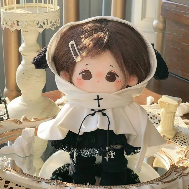 

20cm Plush Doll Clothes Sweet Cool White Cloak Scarf Black Vest Top Tassel Short Skirt Shoes Casual Set For Doll Accessories Toy