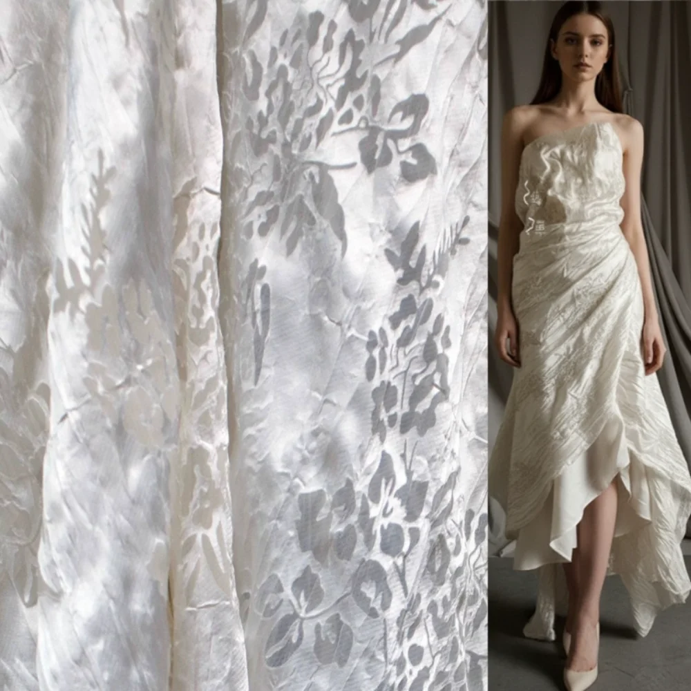 

Off White Slightly Transparent Pleated Fabric Spring Summer Shirts Dress Clothing Designer Fabrics for Diy Sewing Cloth