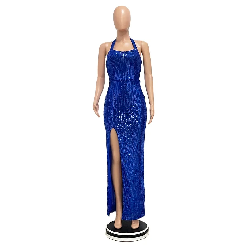 

Sexy Halter Sequined Open Back High Split Long Formal Evening Dress