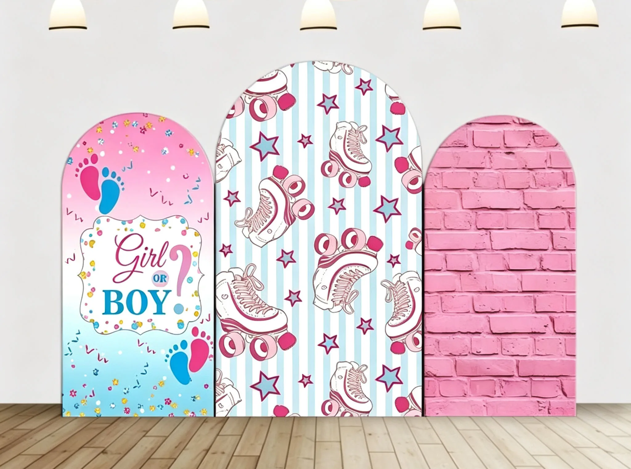 Custom Double-Sided Girl or Boy Gender Reveal Arch Backdrop Cover Roller Skates Kids Birthday Party Photography Background