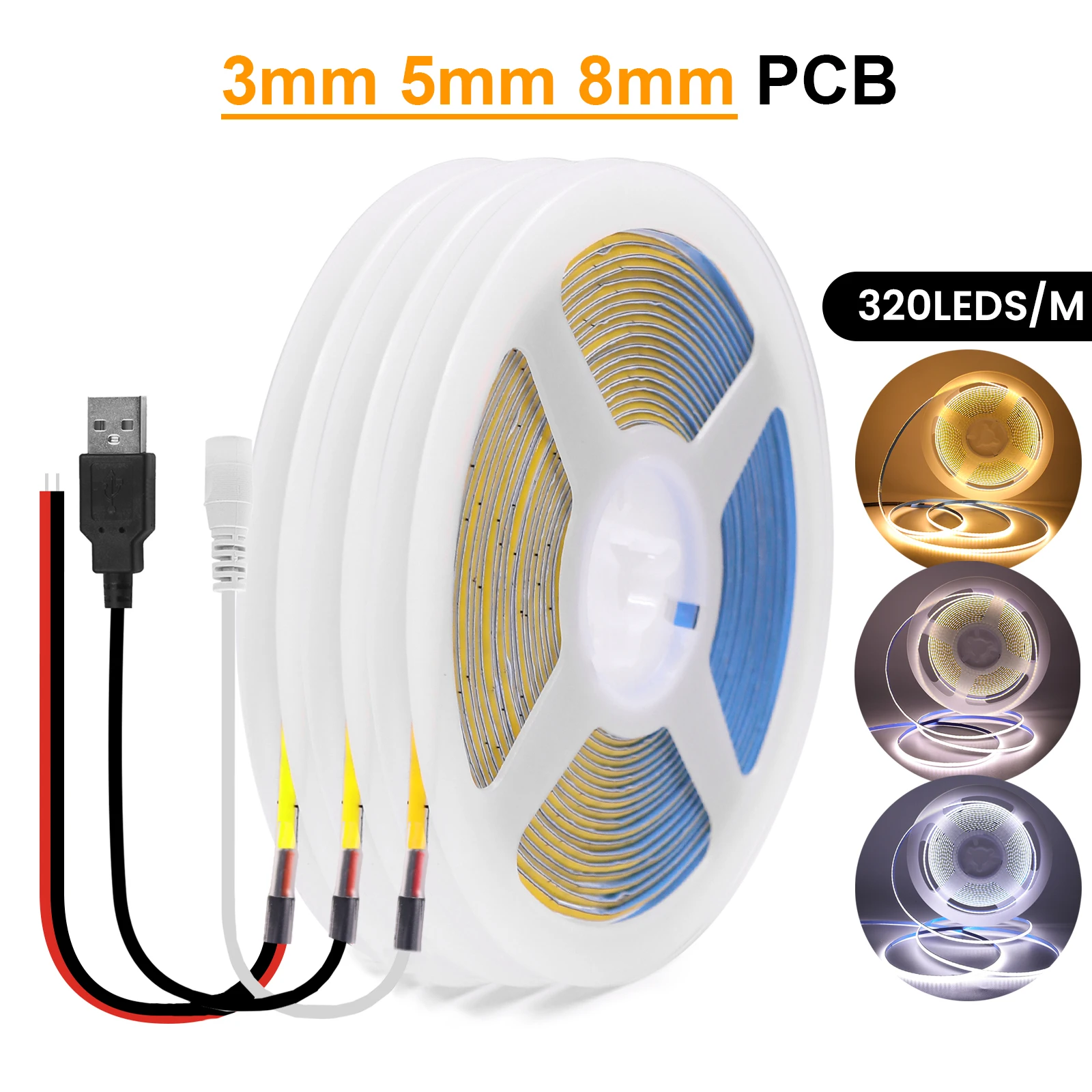 

DC 5V COB LED Strip 320Leds/M Width 3MM 5MM 8MM Flexible COB Light Bar High Density Linear Lighting 3000K 4000K 6000K White