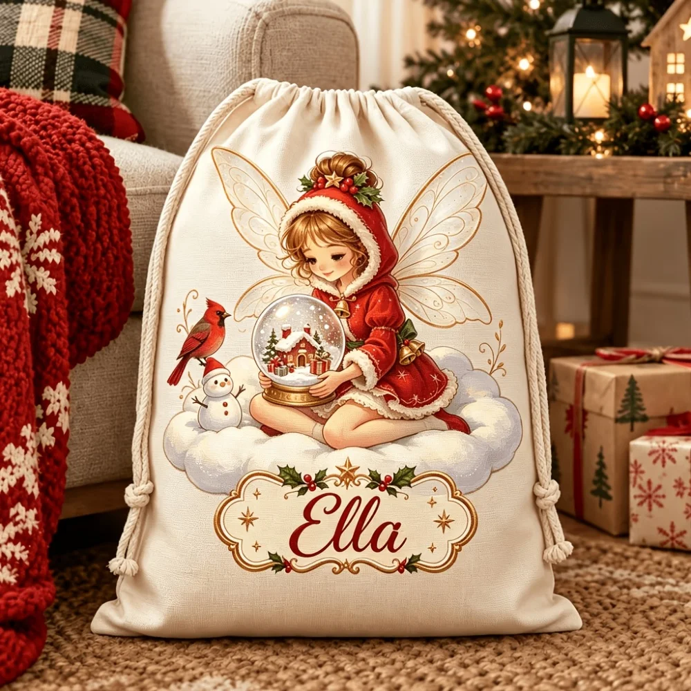 1Pc Christmas Fairy Elf-Themed Custom Name/Text Imitation Hemp Gift Bag, Xmas Drawstring Closure Storage Pouch, Party Candy Bags