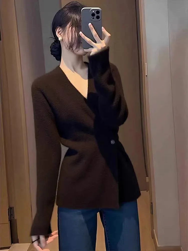 

Retro American Soft Cross V-ne Waist-cinched Knitwear Women's Spring New Sle High-ade Sensation Ele Design Knitted ...