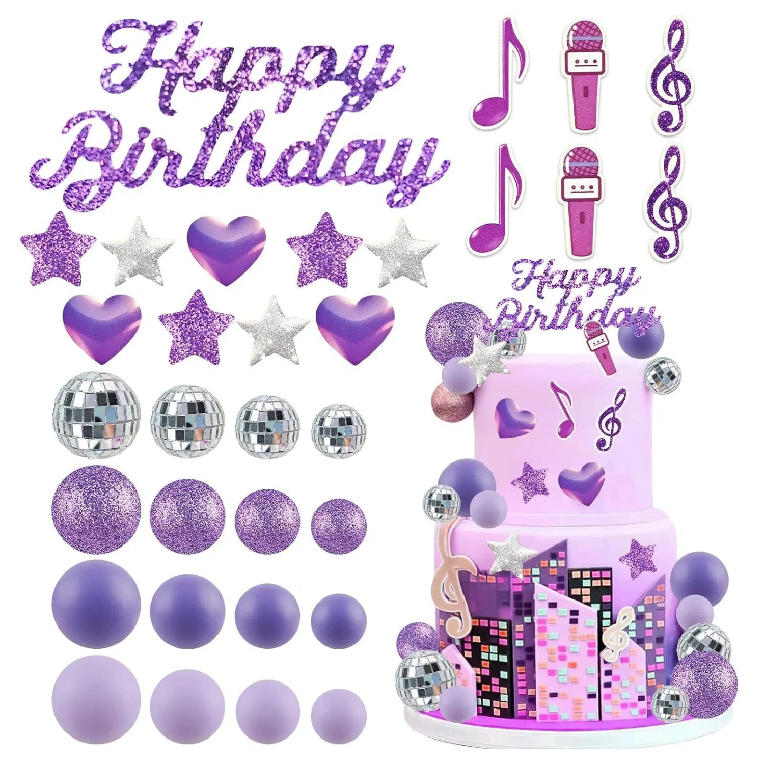 32pcs Purple Cake Topper Popular Singer Cake Decor with Balls Stars Heart Cake Topper for Kpop themed Birthday Party Supplies