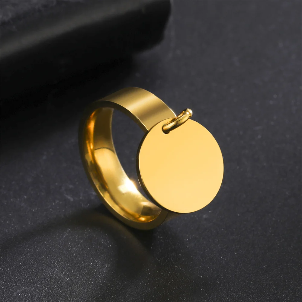 EUEAVAN Fashion Minimalist Round Pendant Rings for Women Girls Stainless Steel Korean Charm Finger Ring Trendy Couple Jewelry