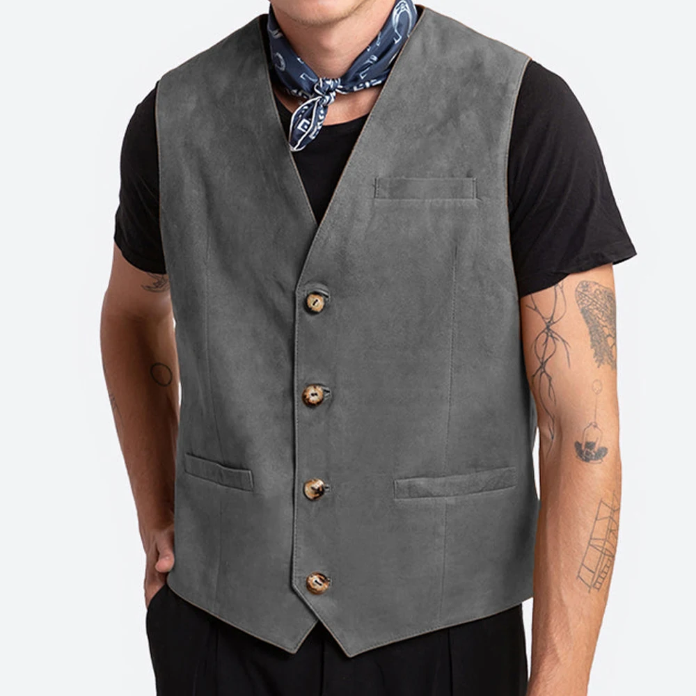 Colete de cowboy masculino single breasted, colete cáqui, colete de couro masculino de camurça, steampunk, melhor colete masculino, vaqueiro, vestido de festa de luxo