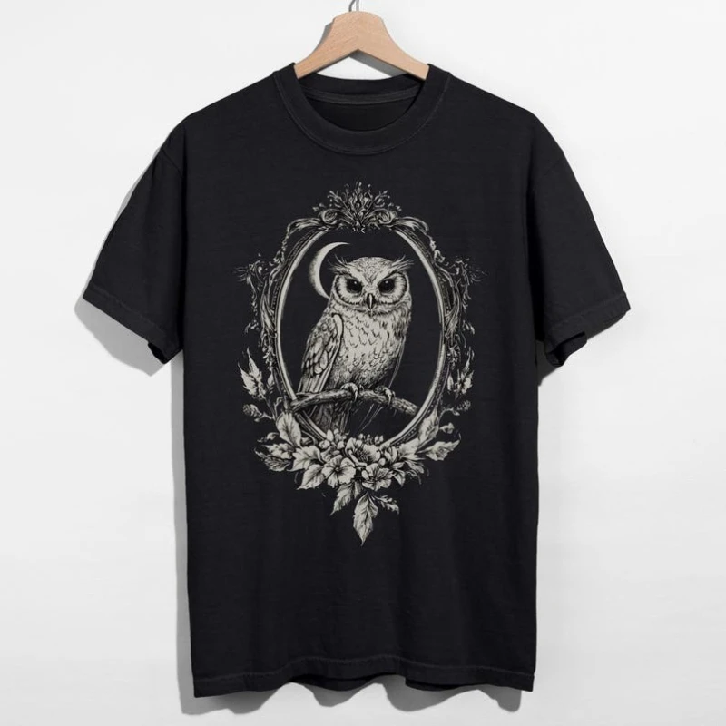 Gothic Victorian TShirt Goth Floral Graphic Print Shirt Witchy Whimsigoth Top Romantic Fairy Clothing Owl Gift Short-sleev