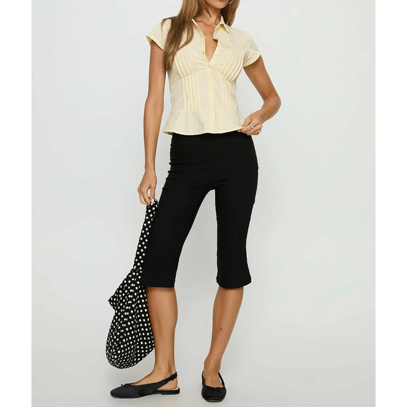 

Combhasaki Women's Summer Solid Color Y2k Tee Button-down Lapel Collared Shirts Short Sleeve Pleated Slim Fit Blouse Streetwear