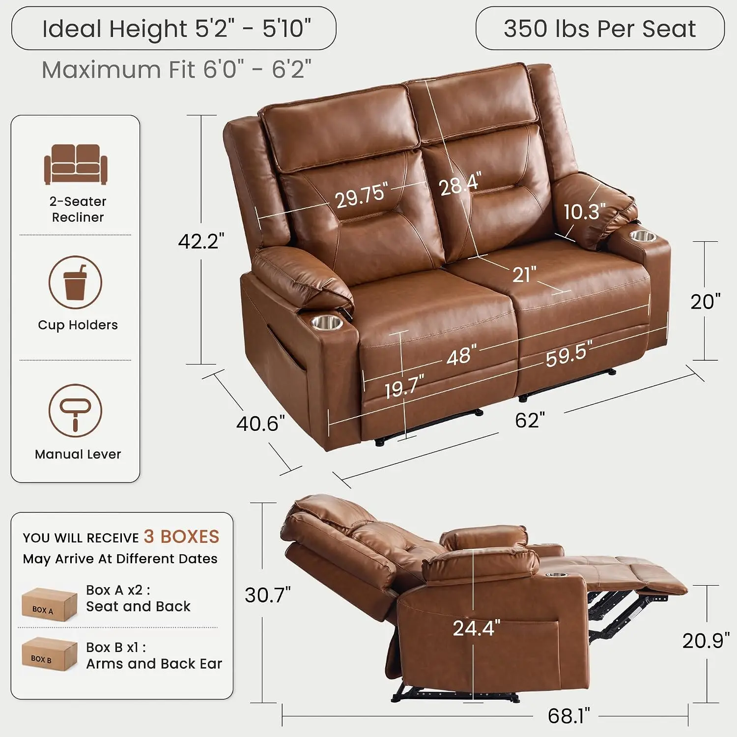 Manual Reclining Loveseat 2-Seat Gravity Glide Recliner Couch, Customized
