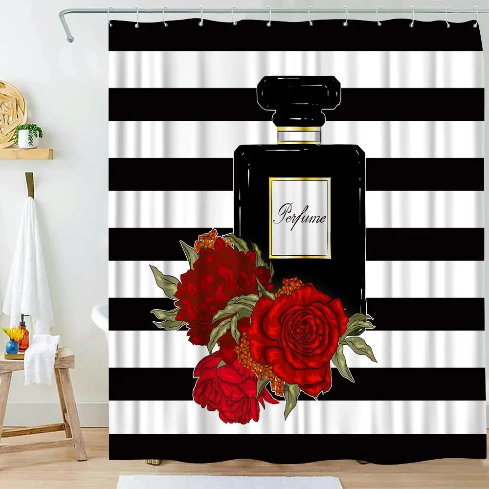 Perfume Shower Curtains Black and White Stripes Bath Curtain Flowers Butterfly Lipstick High-heel Bathroom Decoration with Hooks