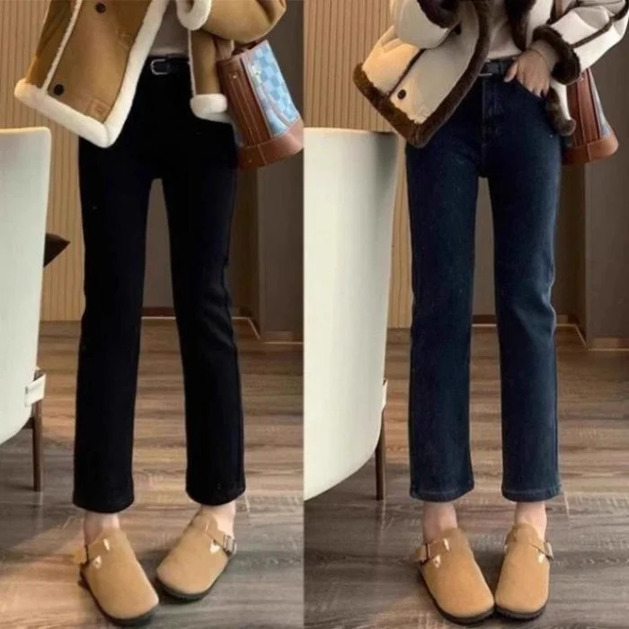 

High Waist Straight Leg Fce Lined Denim Jeans Women's Bootcut Pants Pear aped Body plus Size ed Tube Trousers