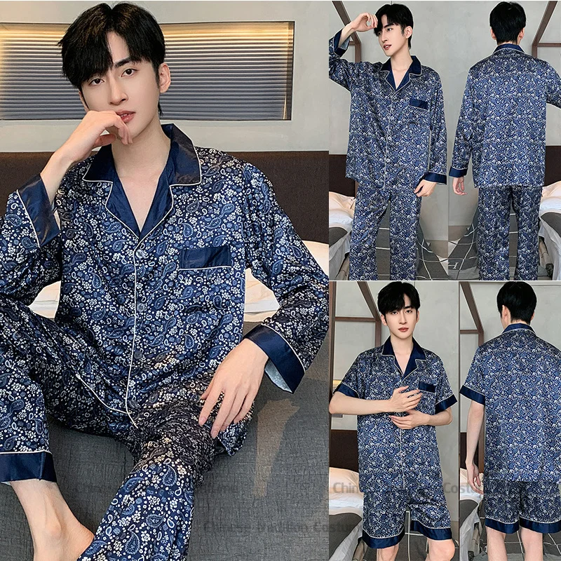 Navy Blue Satin Homewear Summer Spring New Pajamas 2Pcs Male Nightwear Luxury Print Trousers Suit Men Loungewear Sleepwear