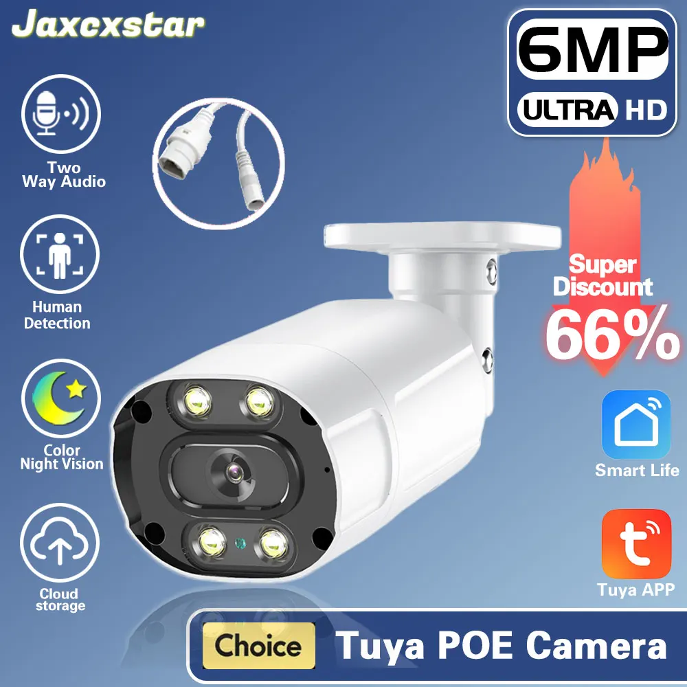 

TUYA 6MP POE Camera Video Surveillance CCTV Color Night Vision Bullet outdoor IP66 WaterProof security smart home camera for NVR