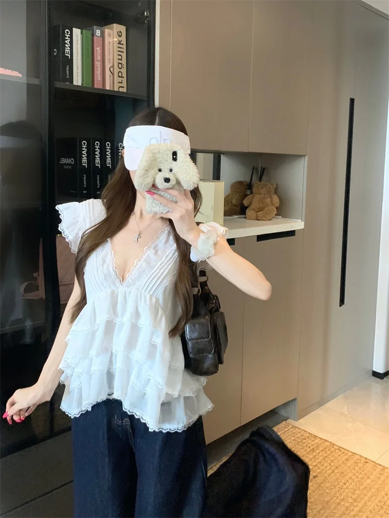

White V-Neck Puffy Sleeve Chiffon Shirt Women's Loose Slimming Summer 2026 New Style Fashionable Long Sleeve Office Wear