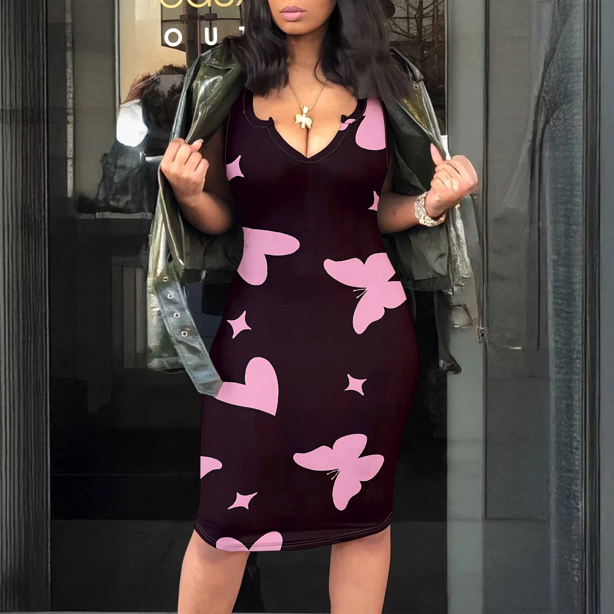 

Pink Hearts Print, Sleeveless V-Neck Bodycon Dress, Butterfly Pattern Mini Dress, Summer Casual Party Wear, S-2XL