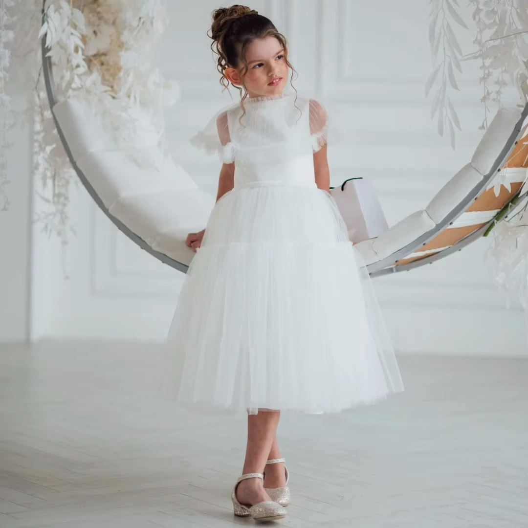 

Customized White Flower Girl Dress Tulle With Shawl Sleeveless For Wedding Birthday Pageant Banquet Party Holy Communion Gown