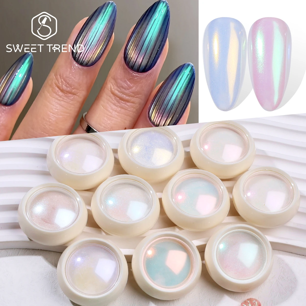 10 Colors Aurora Chrome Nails Pigment Iridescent Purple Green Mermaid Glitter Powder Fairy Rainbow Mirror Rubbing Dust Manicure