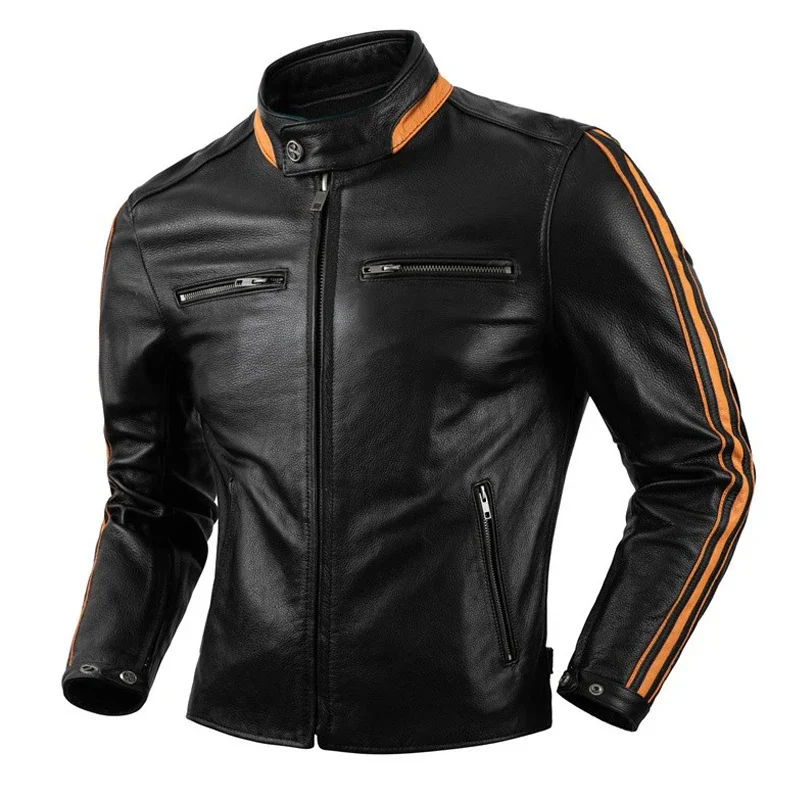 

Mens Protectors Motorcycle Jacket Genuine Leather Cowhide American Biker Men Racer Cow Coats Moto