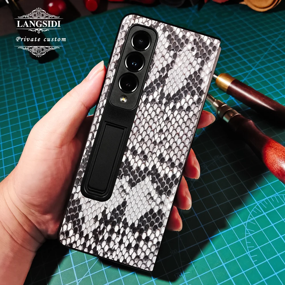 LANGSIDI Luxury Original Crocodile python leather Phone Case For Samsung Galaxy Z Fold 4 3 Kickstand cases For zfold 4 coque