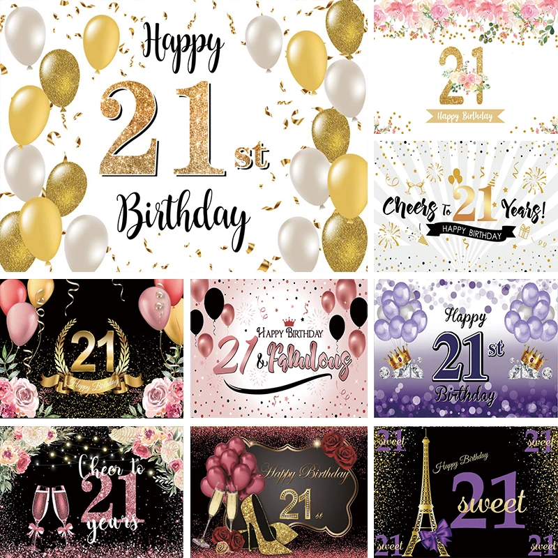 

21st Birthday Backdrop Gold With White 21 Years Party Decorations Banner Woman Men Twenty-One Glitter Balloons Photo Background