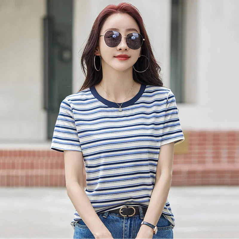 

New Women Simplicity Striped T-shirt Summer Fashion O-Neck Short Sleeve Contrast Color Loose Tees Casual Basic T-shirt Female