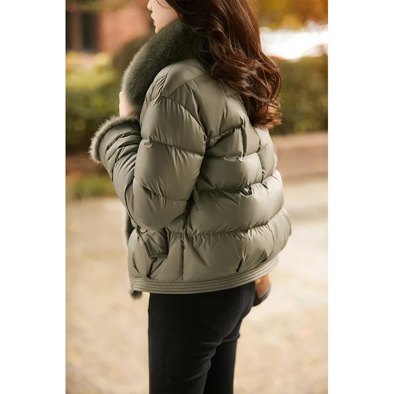 Jaket Pendek Bulu Angsa dengan Kerah Bulu Rubah Elegan untuk Musim Dingin, Model Terbaru 2025, Pakaian Wanita Solid
