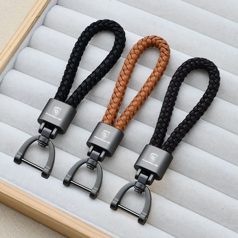 

Porsche Car Sticker Car Keychain Hand Woven Horseshoe Buckle Keyring For Porsche Cayenne Panamera Macan 911 718 Taycan Boxster C