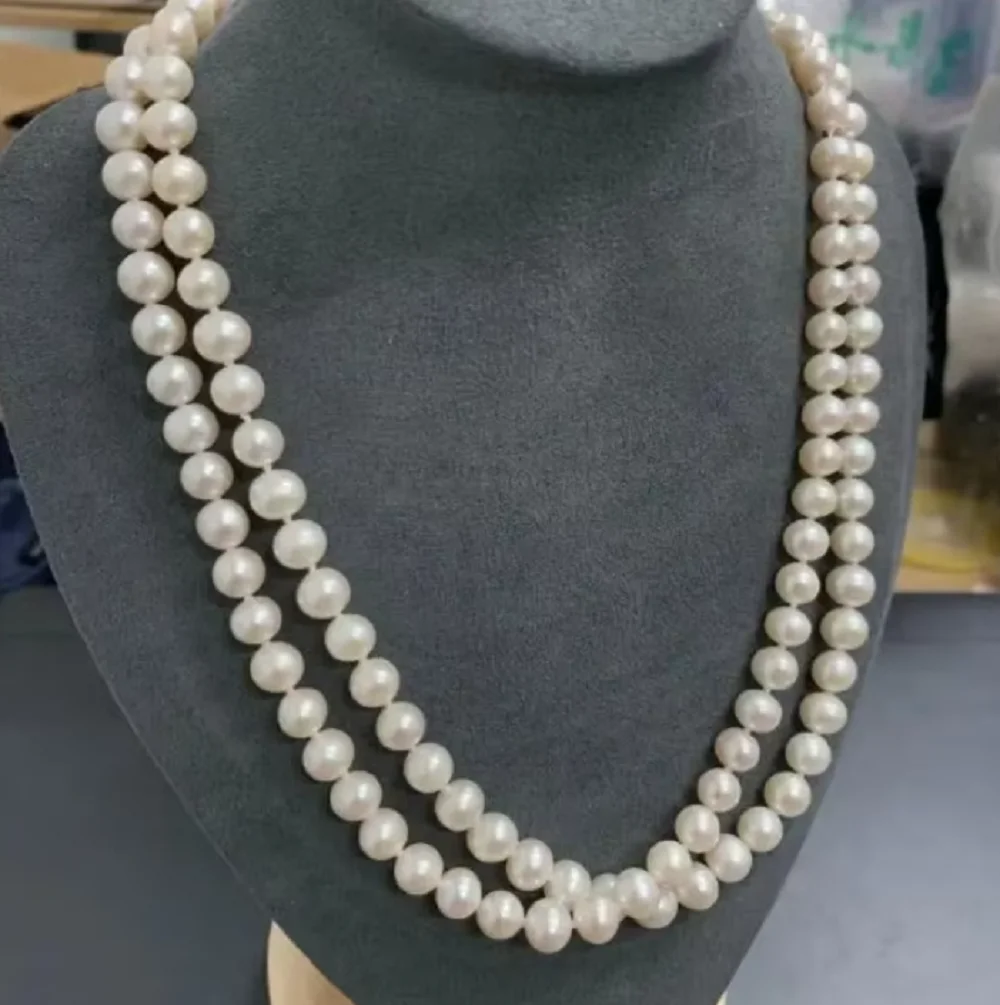 

36 inch/natural AAAA8-9mm natural round white pearl necklace 925s