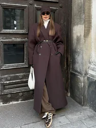 Vintage Brown Double Breasted Long Coat With Shoulder Pad Women Elegant Lapel Full Sleeves Loose Overcoats Autumn Lady Outwears