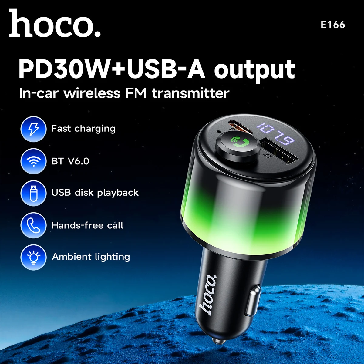 Image of HOCO PD30W QC3.0 Auto Bluetooth 6.0 FM-Transmitter Freisprecheinrichtung MP3-Player Musik 360-Grad Farbiges Ambientelicht Zigarettenanzünder