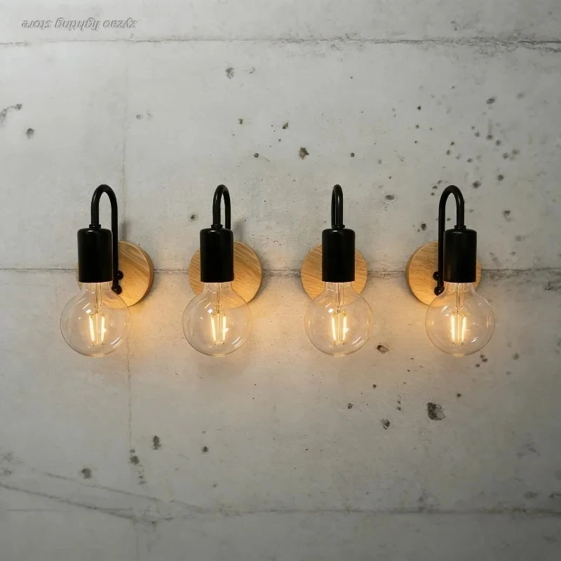 

Retro Wood Wall Lamp Vintage Iron Art Sconce Wall Lights Fixture E27 Indoor Home Decor Dining Room Bedside Lamp Bedroom Lighting