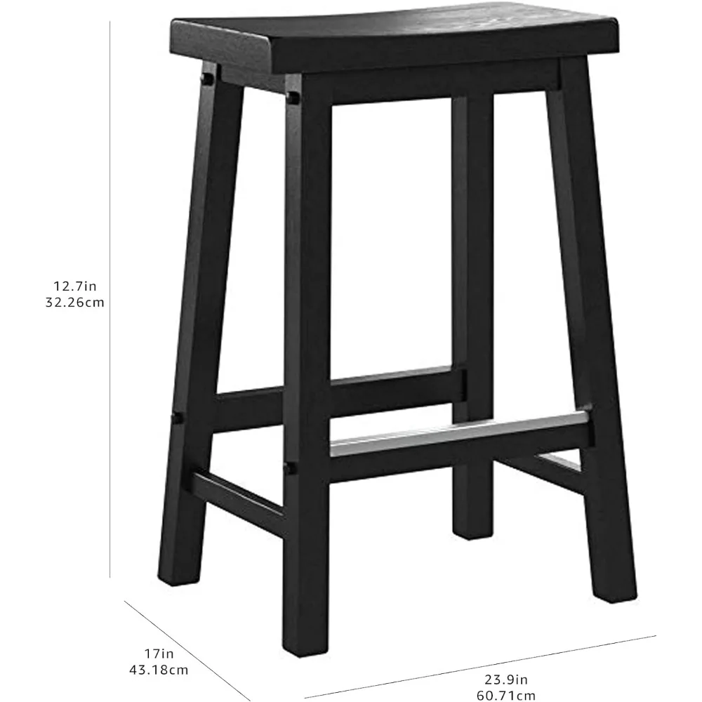 Solid Wood Saddle-Seat Kitchen Counter-Height Stool, 24-Inch Height, Black - Set of 2